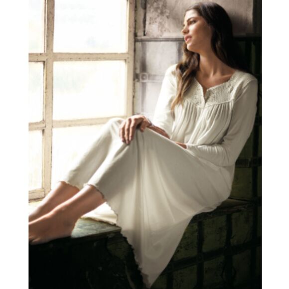 Peruvian Connection Nightgown Pima Cotton Ivory Hand Stitched Detail Medium - Picture 1 of 13